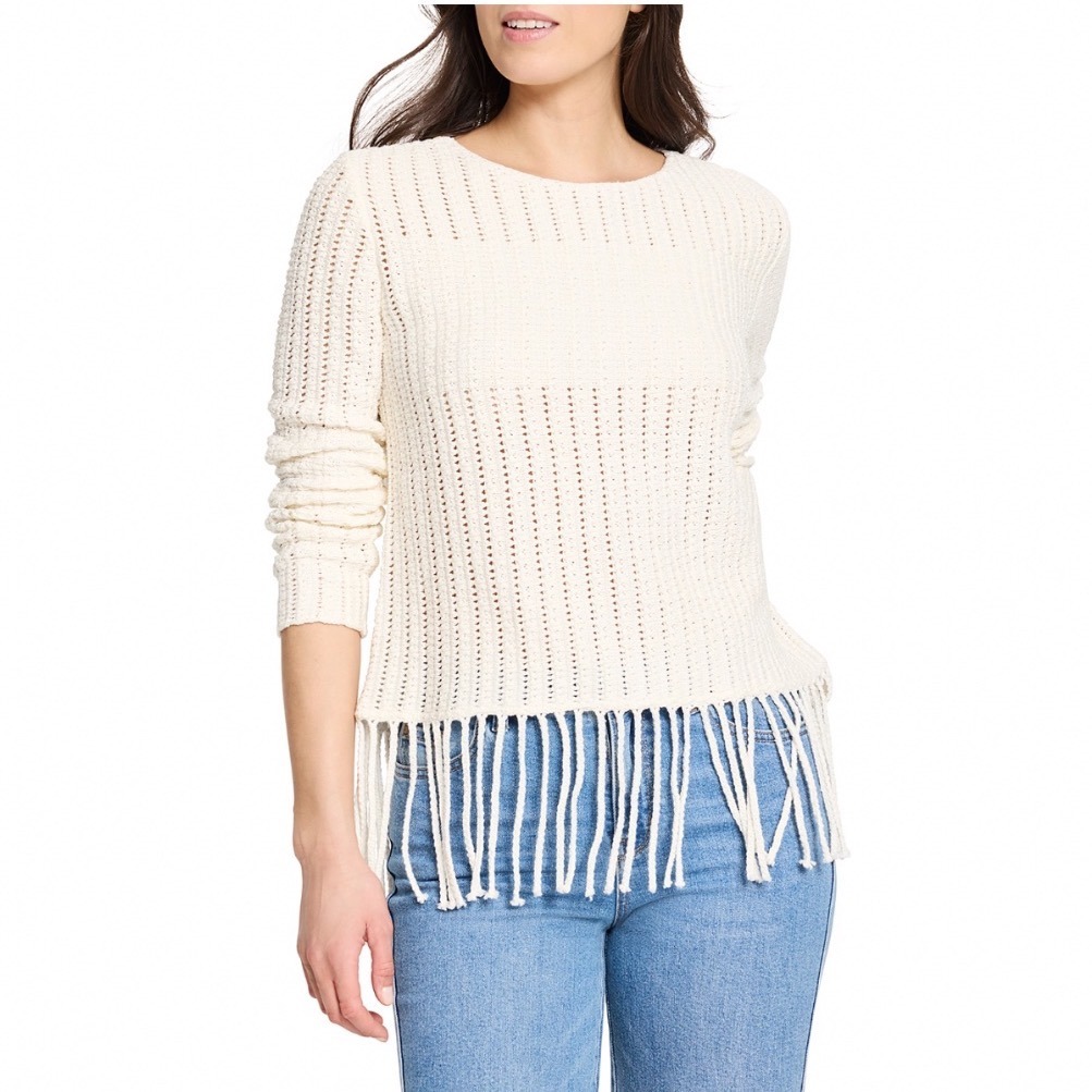 Nic+Zoe Beach Walk Sweater Classic Cream Fringe Open Knit Pullover S251159 Small